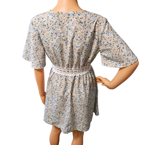 Wmns Ditsy Floral Kimono Mini Dress Boho Cottagecore Lace Waist Cutout XS/S - Picture 2 of 8